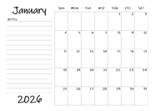 2026 Blank Calendar Template With Notes