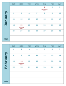 2026 Calendar Template Two Months Per Page