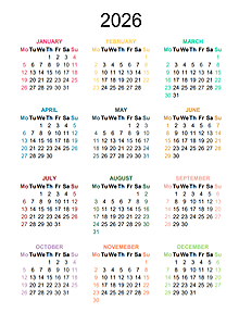 2026 Colorful Yearly Excel Calendar