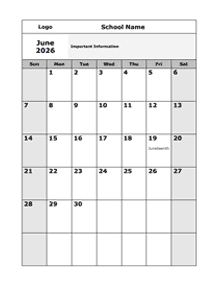 2026 Editable Monthly School Jun-Sep Calendar