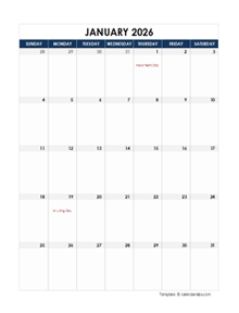 2026 Excel Monthly Calendar Template