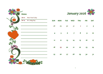 2026 Floral Monthly Kids Calendar Template