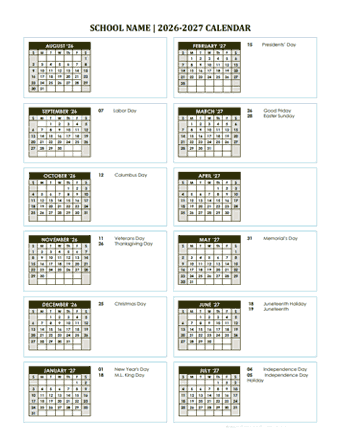 2026 Free School Yearly Calendar Aug