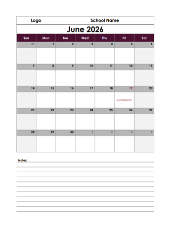 2026 Google Docs School Calendar Notes