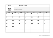 2026 Google Docs School Monthly Jun Mon Calendar