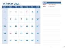 2026 Monthly Calendar Template Landscape
