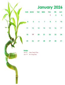 2026 Monthly Calendar Template Green Design