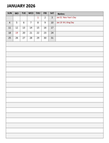 2026 Monthly Calendar Template Portrait