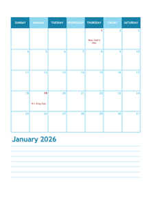 2026 Monthly Word Calendar Template Portrait