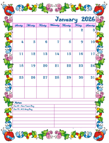 2026 Monthly Kid KIndergarten Calendar Template