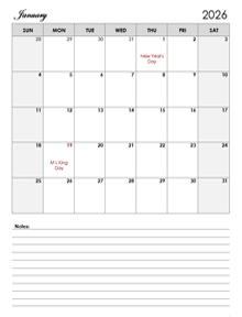 2026 Calendar Template Large Boxes