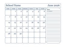2026 Monthly Free School Jun-Sep Calendar