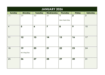 2026 Monthly Google Docs Calendar Template