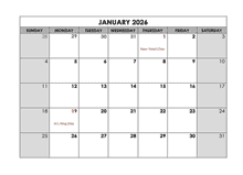 2026 Monthly Large Calendar Holidays