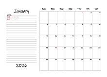2026 Monthly Large Calendar With Notes