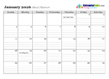 2026 Monthly Menu Planner