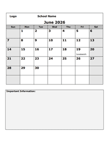 2026 Monthly School Jun-Sep Calendar