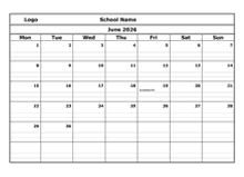 2026 Monthly School Mon Jun-Sep Calendar