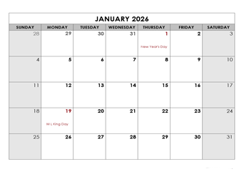 2026 Monthly Calendar with US Holidays