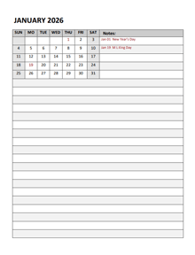 2026 Monthly Word Calendar Diary Template