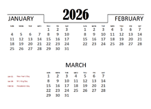 2026 Numbers Calendar with Holidays