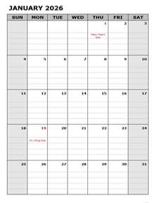 2026 Pages Calendar with Holidays