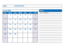 2026 Printable School Monthly Jun-Sep Calendar