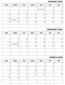 2026 Three Month Calendar Template