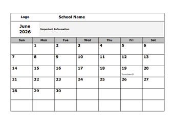 2026 School Monthly Jun-Sep Calendar