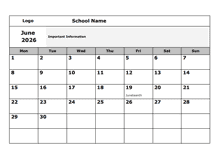 2026 School Monthly Mon Jun-Sep Calendar