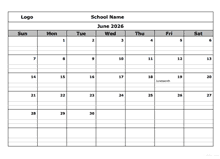 2026 School Monthly Printable Calendar