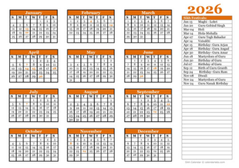 Sikh calendar template 2026
