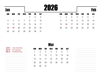 2026 Quarterly Three Month Calendar