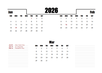 2026 Three Months Word Calendar Template