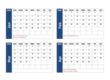 2026 Word Calendar Four Months Per Page