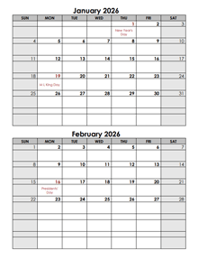 2026 Word Calendar Template Two Months In One Page