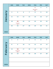 2026 Word Calendar Two Months Per Page