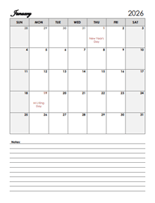 2026 Word Calendar Template With Notes