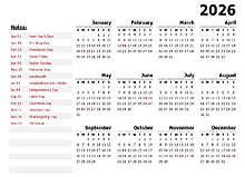 2026 Yearly Calendar Template With US Holidays