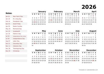 2026 Year OpenOffice Calendar Template With US Holidays