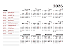 2026 Year Calendar Template with US Holidays