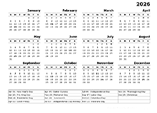 2026 Yearly Calendar Template With US Holidays