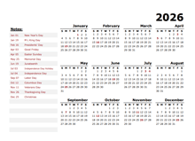 2026 Year Calendar Word Template With Holidays