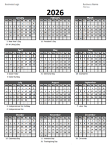2026 Yearly Business Calendar With Week Number