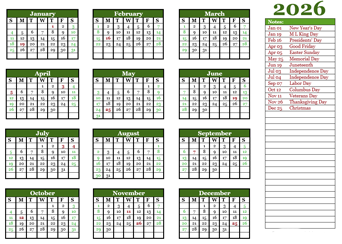 Editable 2026 Yearly Calendar Landscape