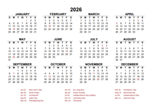 2026 Yearly Calendar Template Excel
