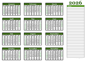 2026 Yearly Calendar With Blank Notes