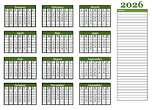 2026 Yearly Calendar With Blank Notes
