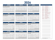 2026 Yearly PDF One Page Calendar