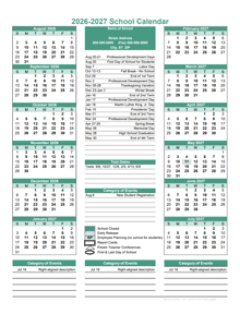 2026 Yearly School Calendar Template Editable Aug-Jul